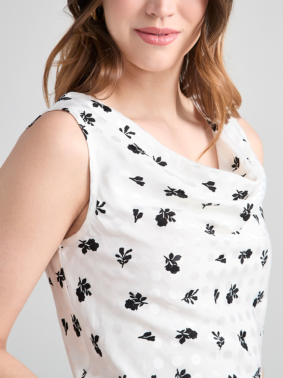Sleeveless Cowl Neck Blouse in Floral Dot