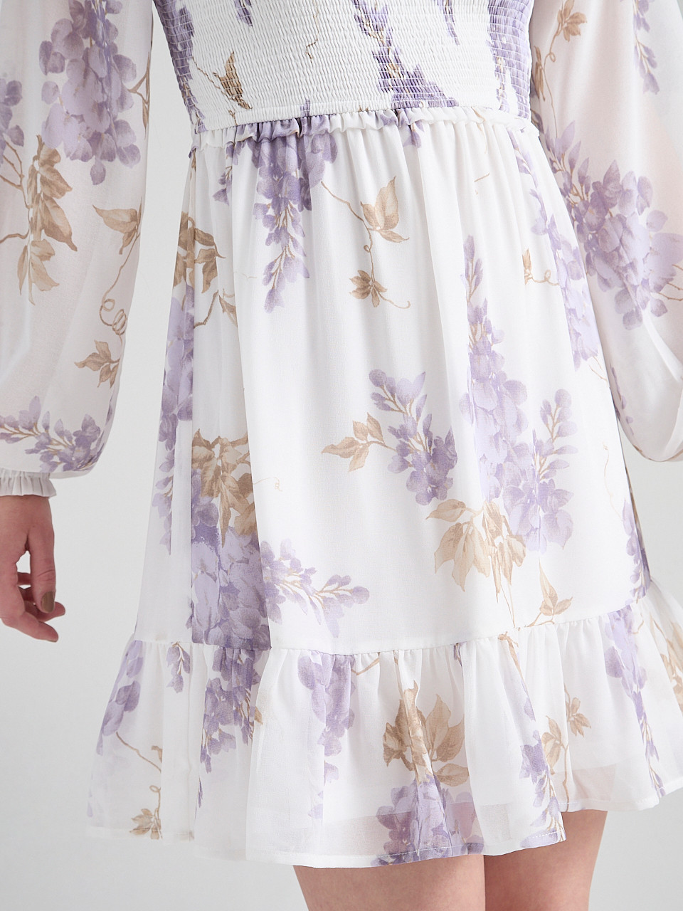 Smocked Bodice Long Sleeve Mini Dress Wisteria