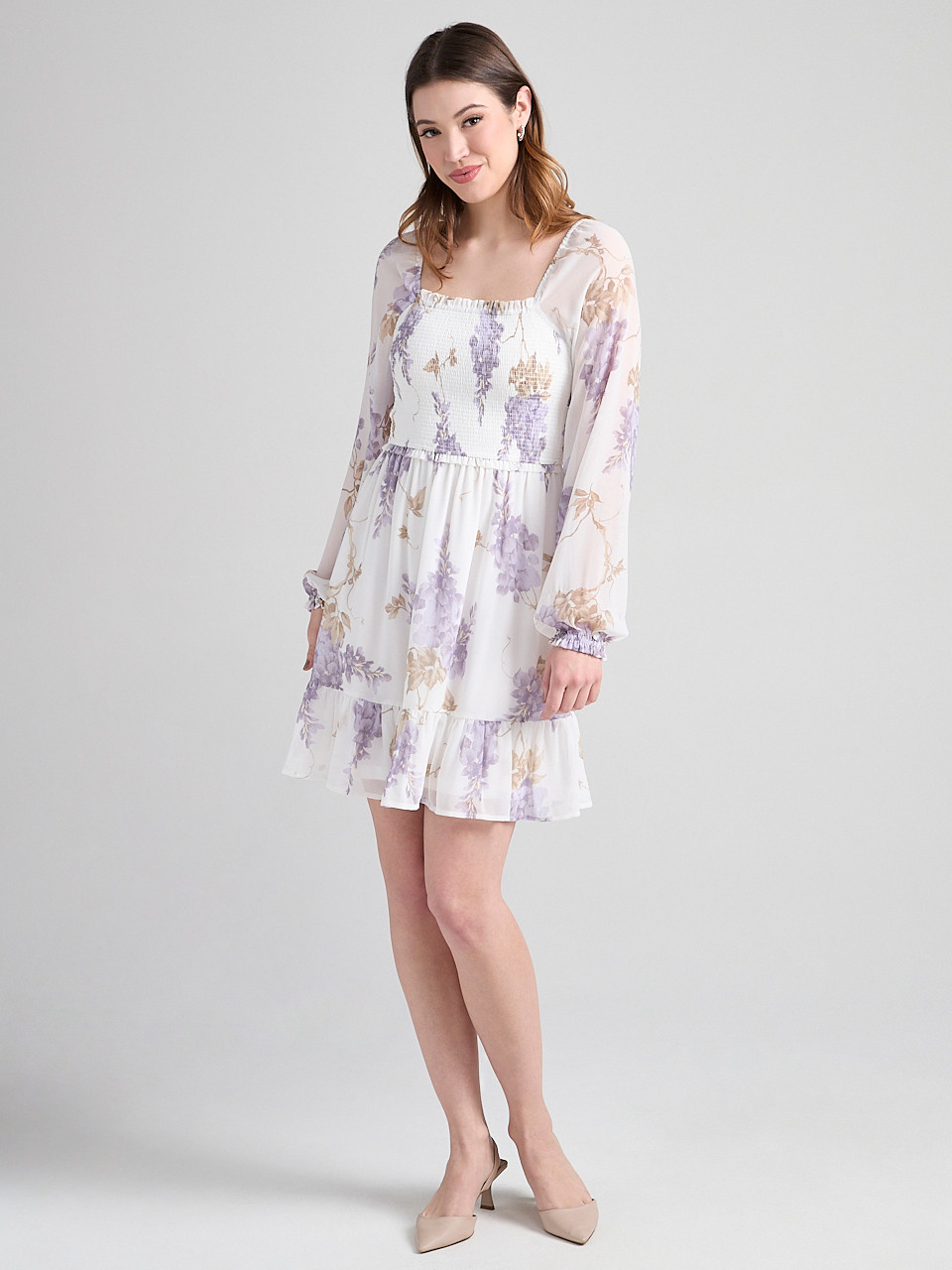 Smocked Bodice Long Sleeve Mini Dress Wisteria
