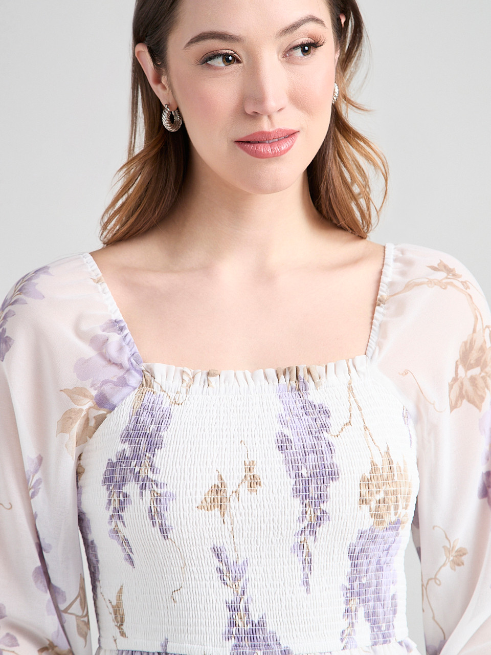 Smocked Bodice Long Sleeve Mini Dress Wisteria