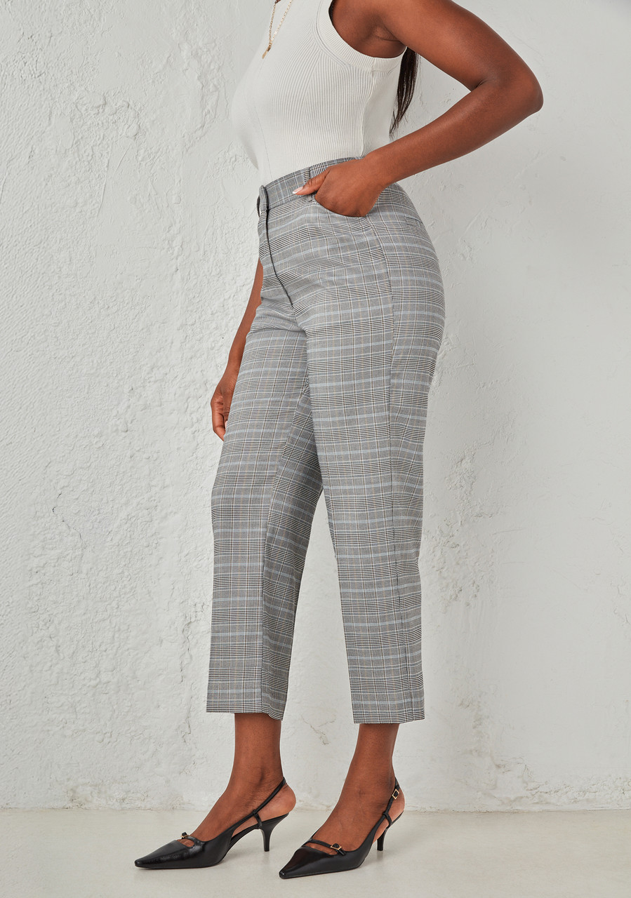 Tailored Relaxed Fit Straight Crop Pant Grey Plaid