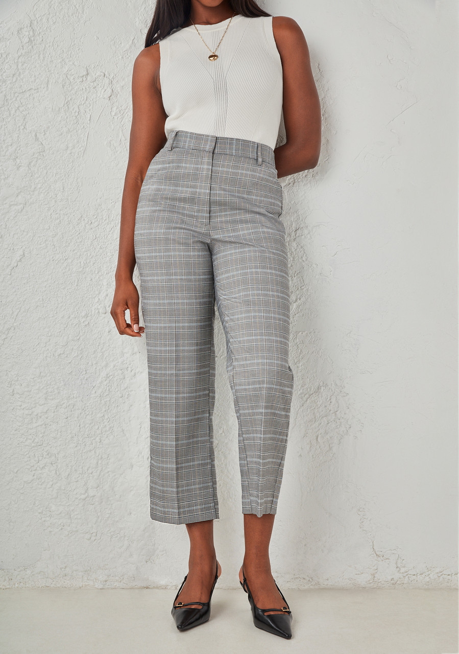 Tailored Relaxed Fit Straight Crop Pant Grey Plaid