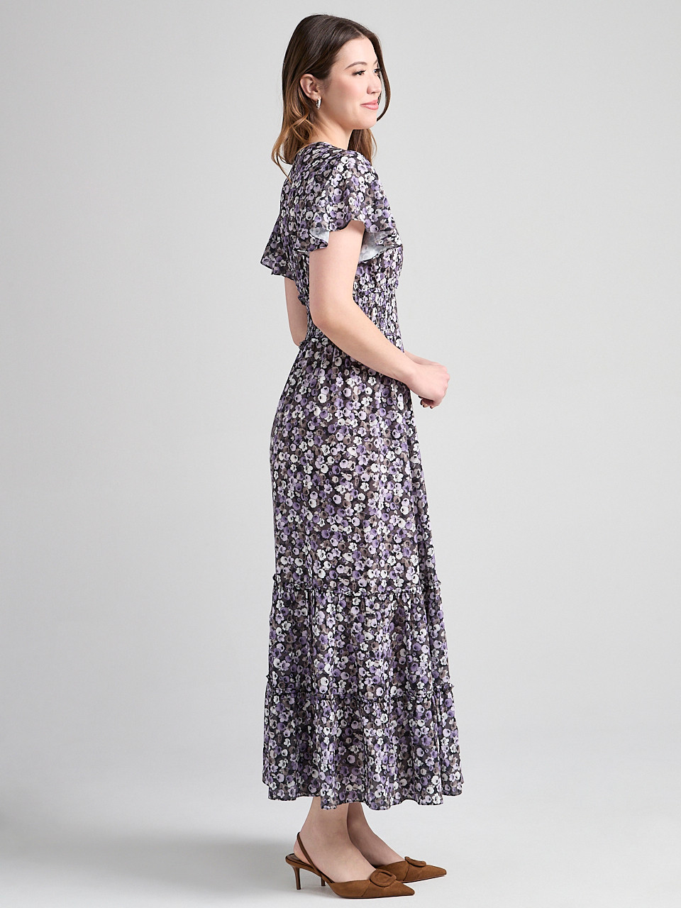 V-Neck Flutter Sleeve Maxi Dress in Purple Ditsy