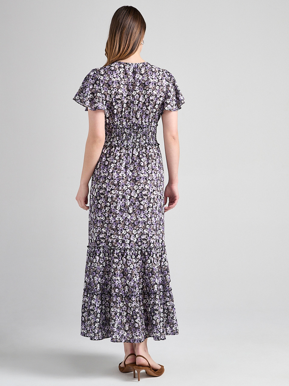 V-Neck Flutter Sleeve Maxi Dress in Purple Ditsy