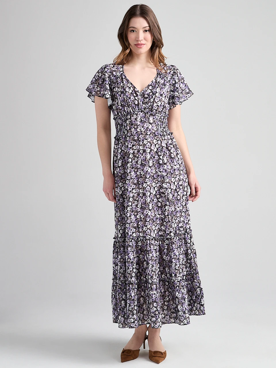 V-Neck Flutter Sleeve Maxi Dress in Purple Ditsy