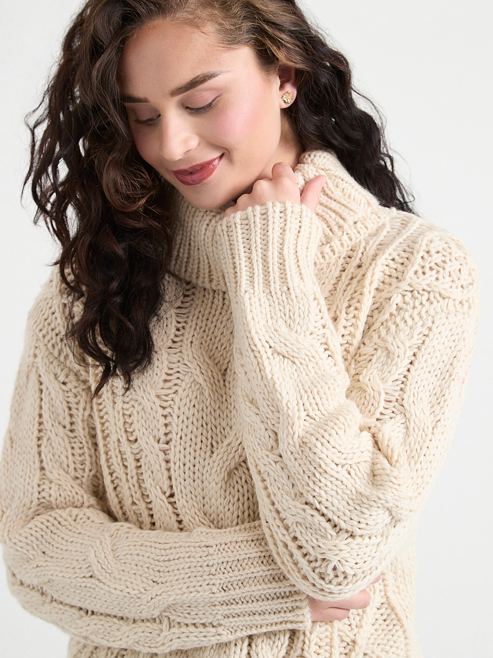 Relaxed Cowl Neck Cable Knit Sweater Birch