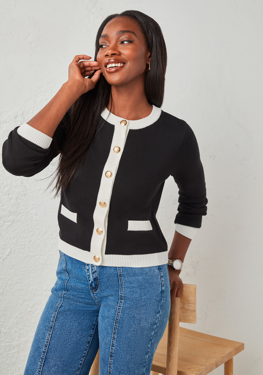 Contrast Trim Cardigan Black/White