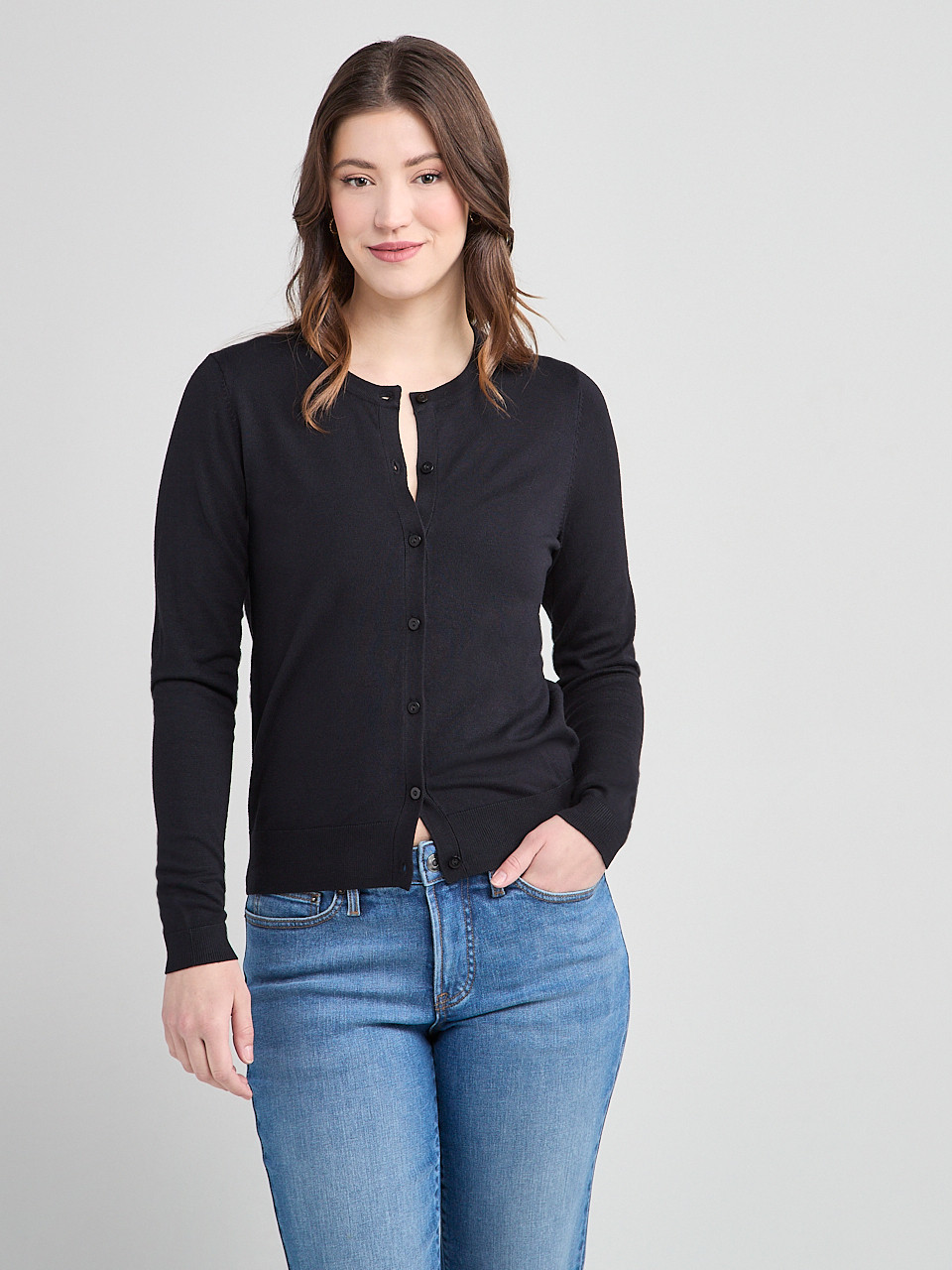 Crew Neck Button Front Cardigan Black