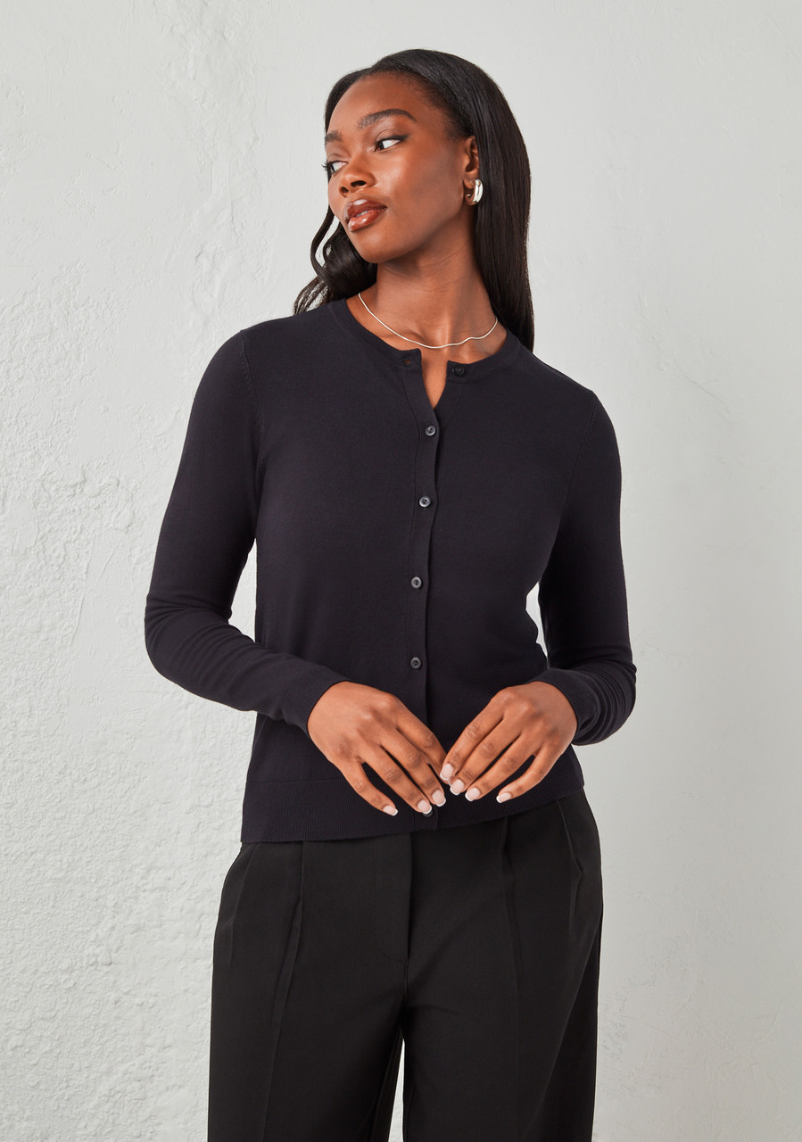 Crew Neck Button Front Cardigan in Black