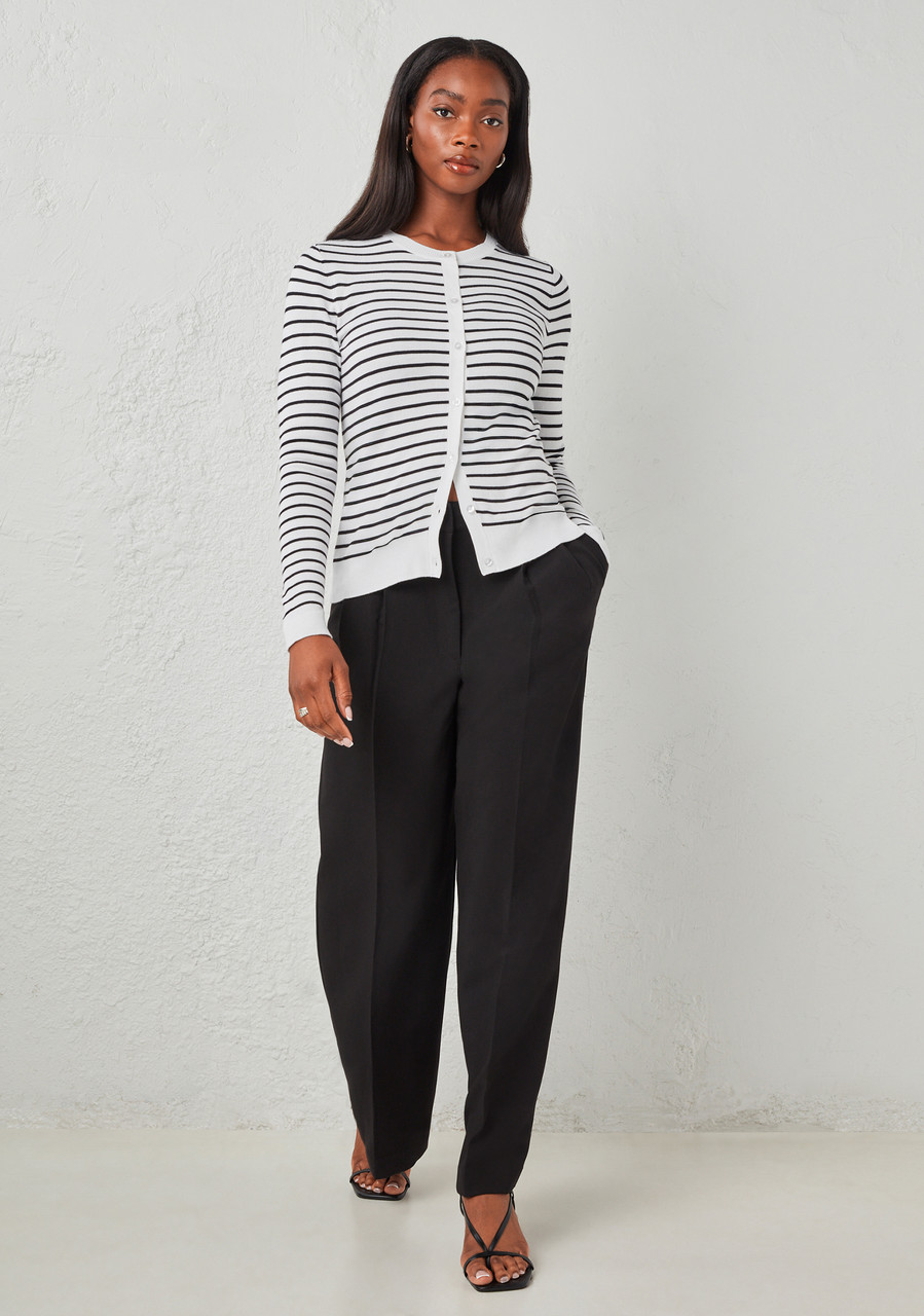 Crew Neck Button Front Cardigan Black/White