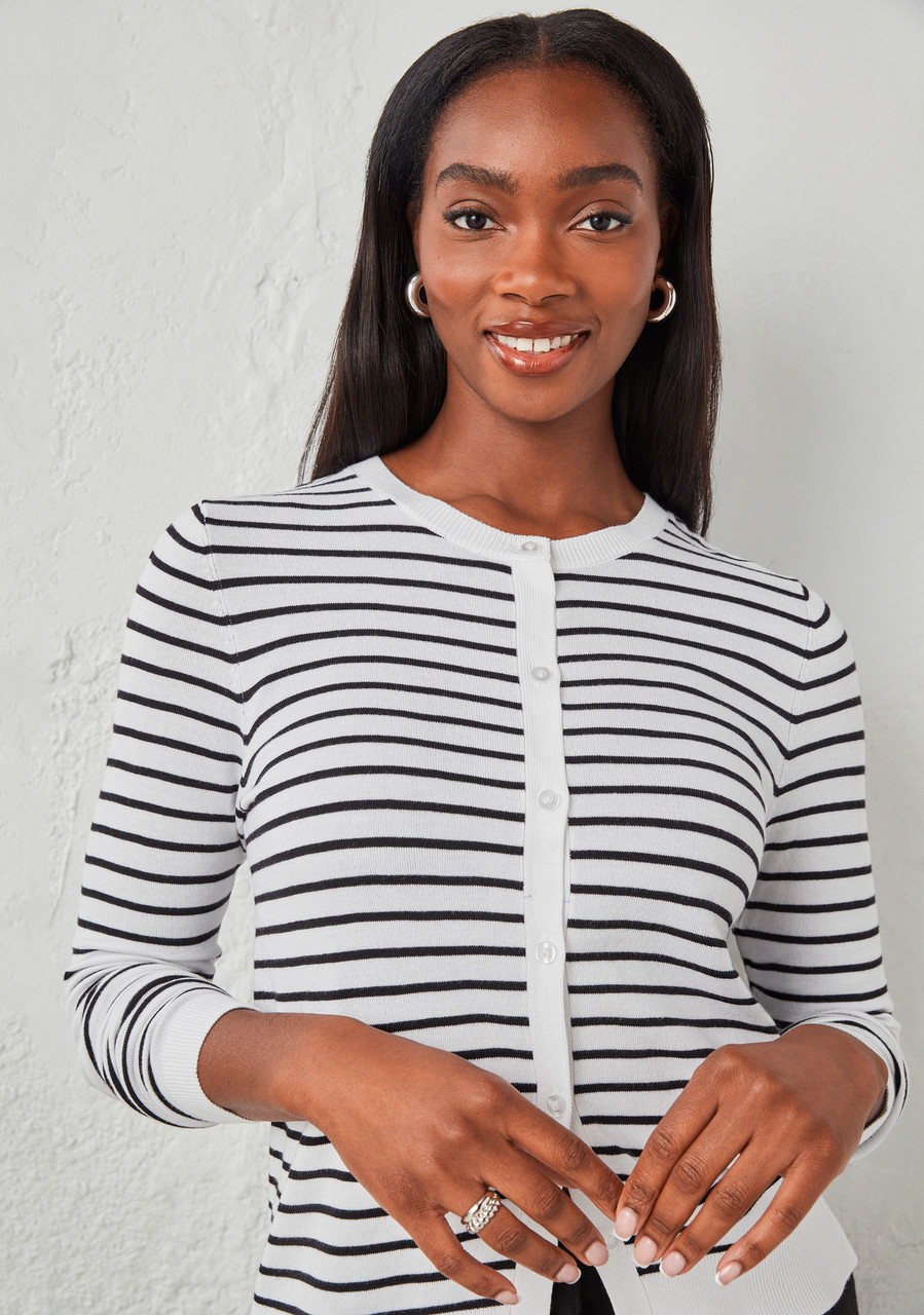 Crew Neck Button Front Cardigan Black/White