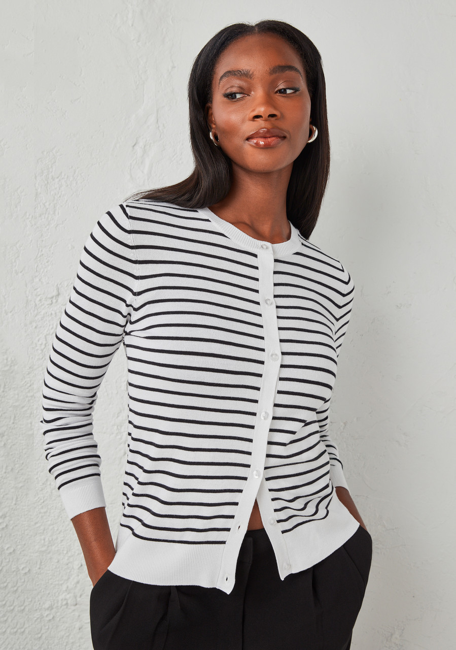 Crew Neck Button Front Cardigan in Black/White
