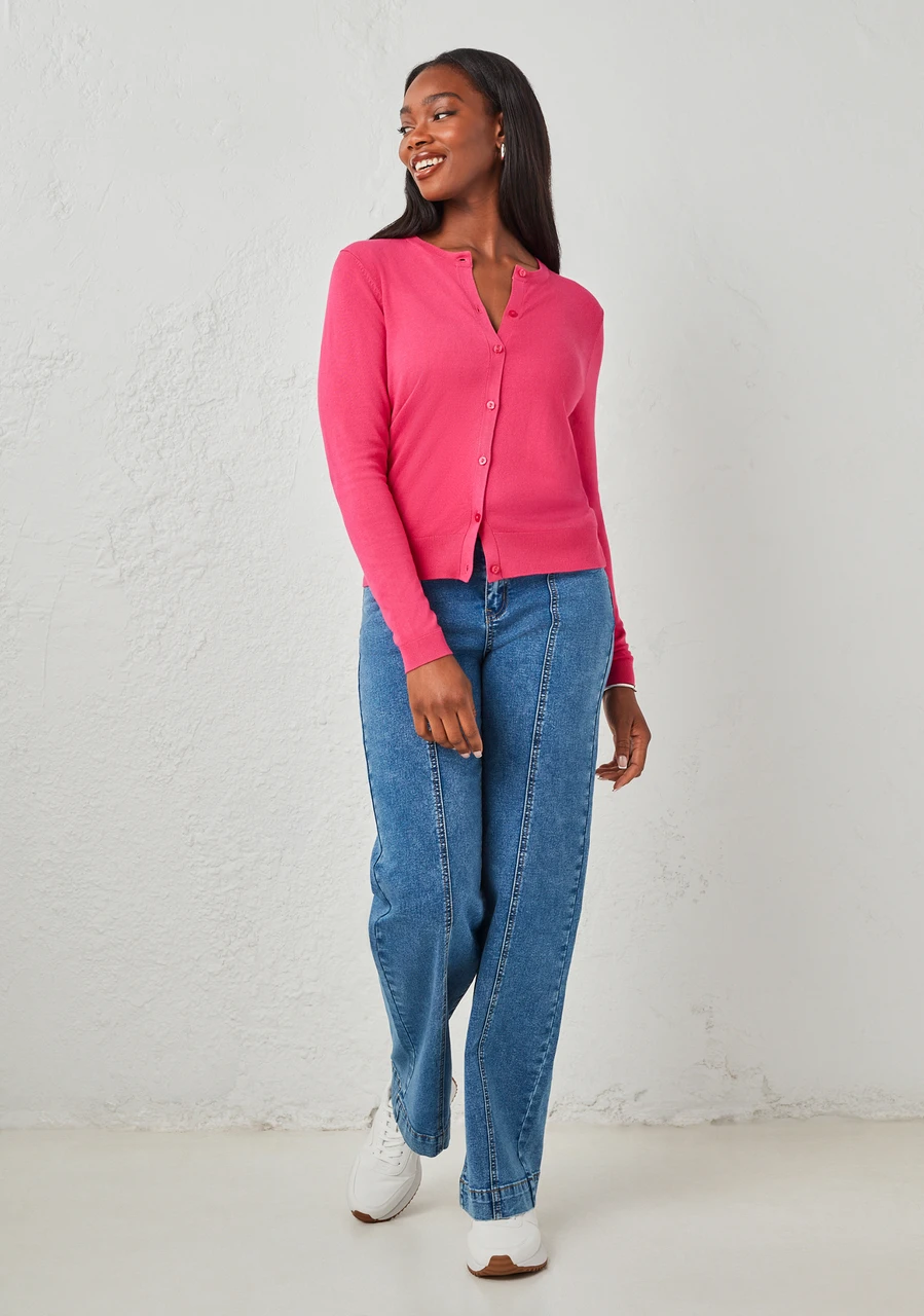 Crew Neck Button Front Cardigan Hot Pink