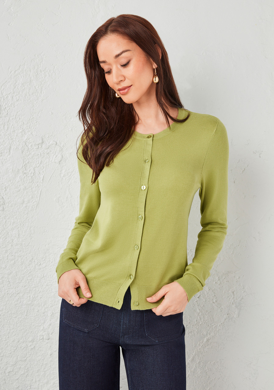 Crew Neck Button Front Cardigan Pear