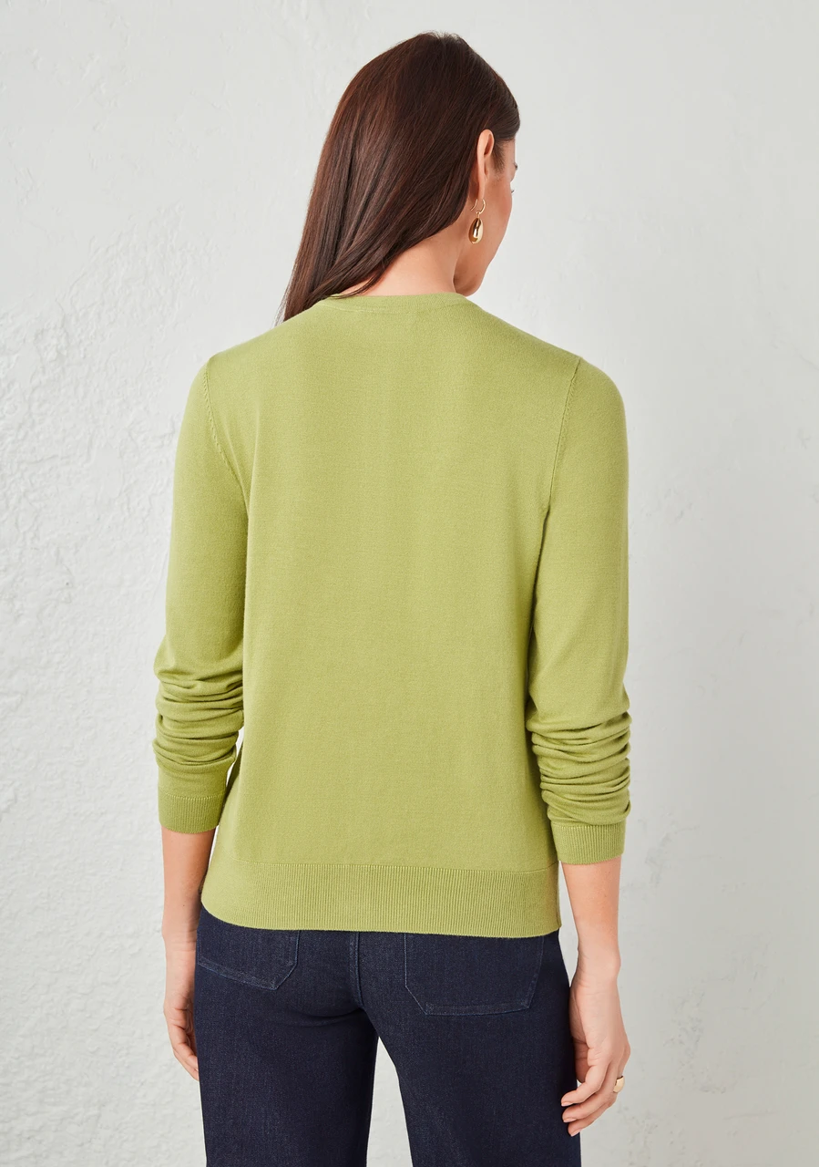 Crew Neck Button Front Cardigan in Pear