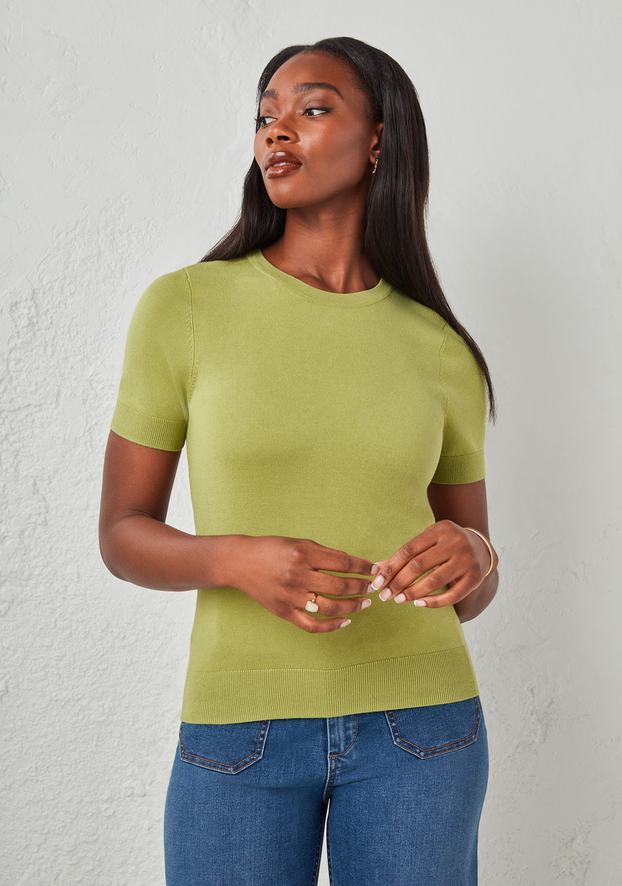 Crew Neck Short Sleeve Sweater in Pear