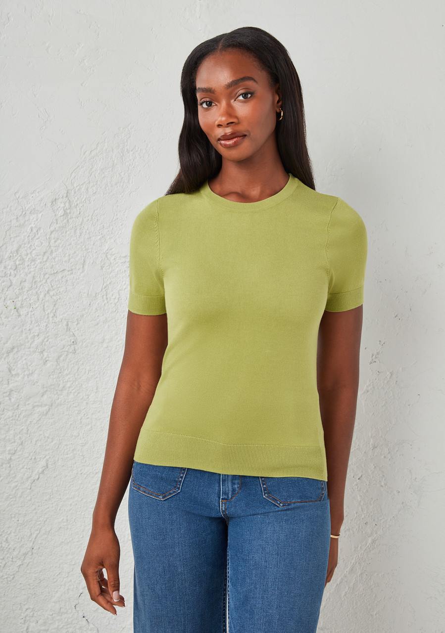 Crew Neck Short Sleeve Sweater in Pear