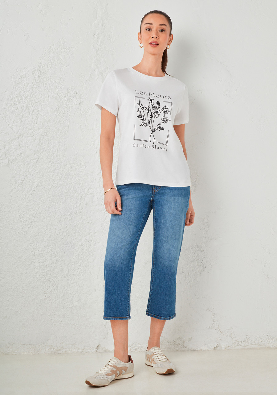 Short Sleeve Crew Neck T-Shirt B&W Flower