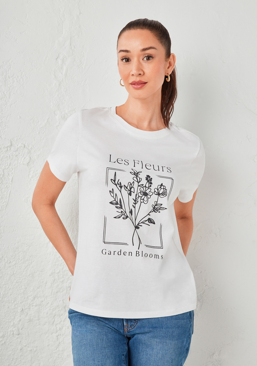 Short Sleeve Crew Neck T-Shirt B&W Flower