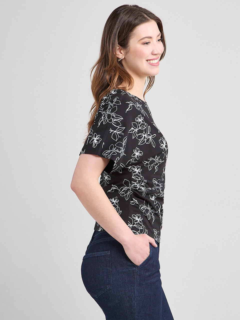 T-Shirt With Side Shirring Line Floral
