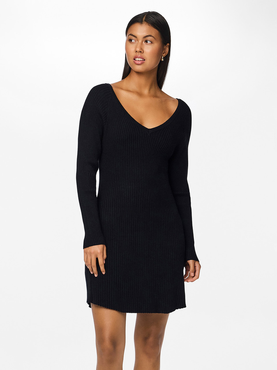 Prista Long Sleeve V-Neck Rib Knit Dress in Black