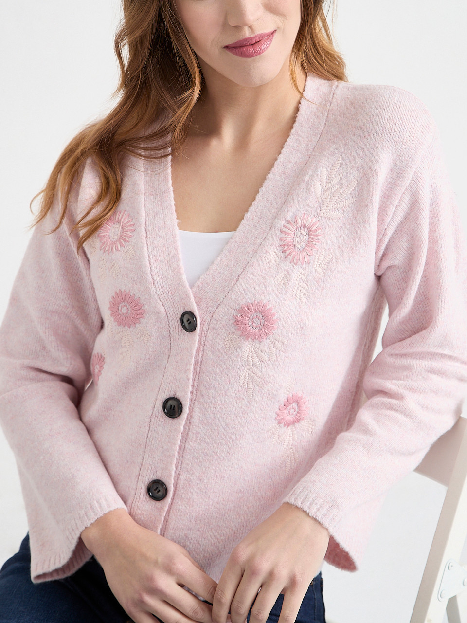 V-Neck Embroidered Cardigan Light Pink