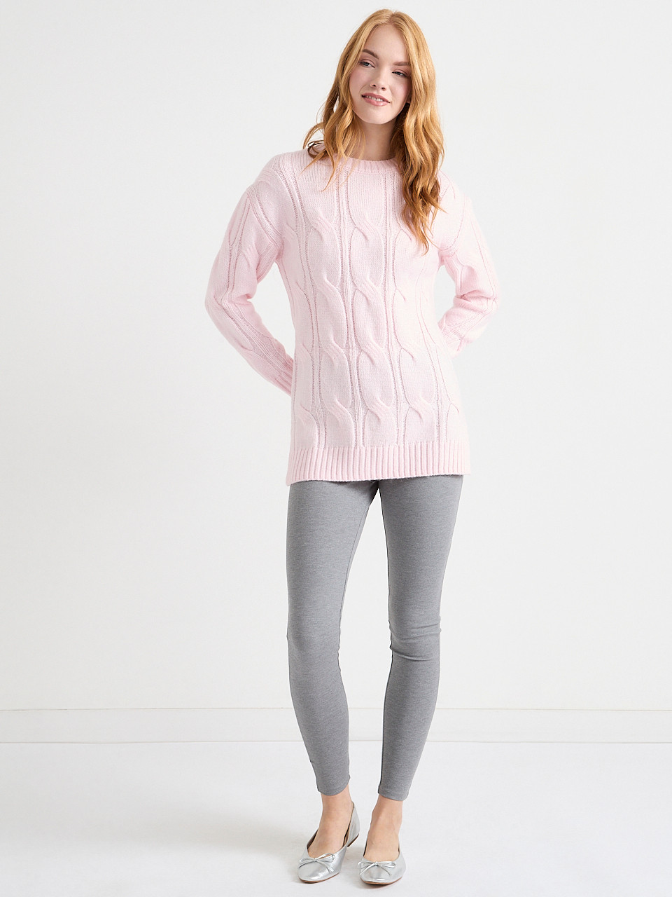 Crew Neck Cable Tunic Sweater in Light Pink