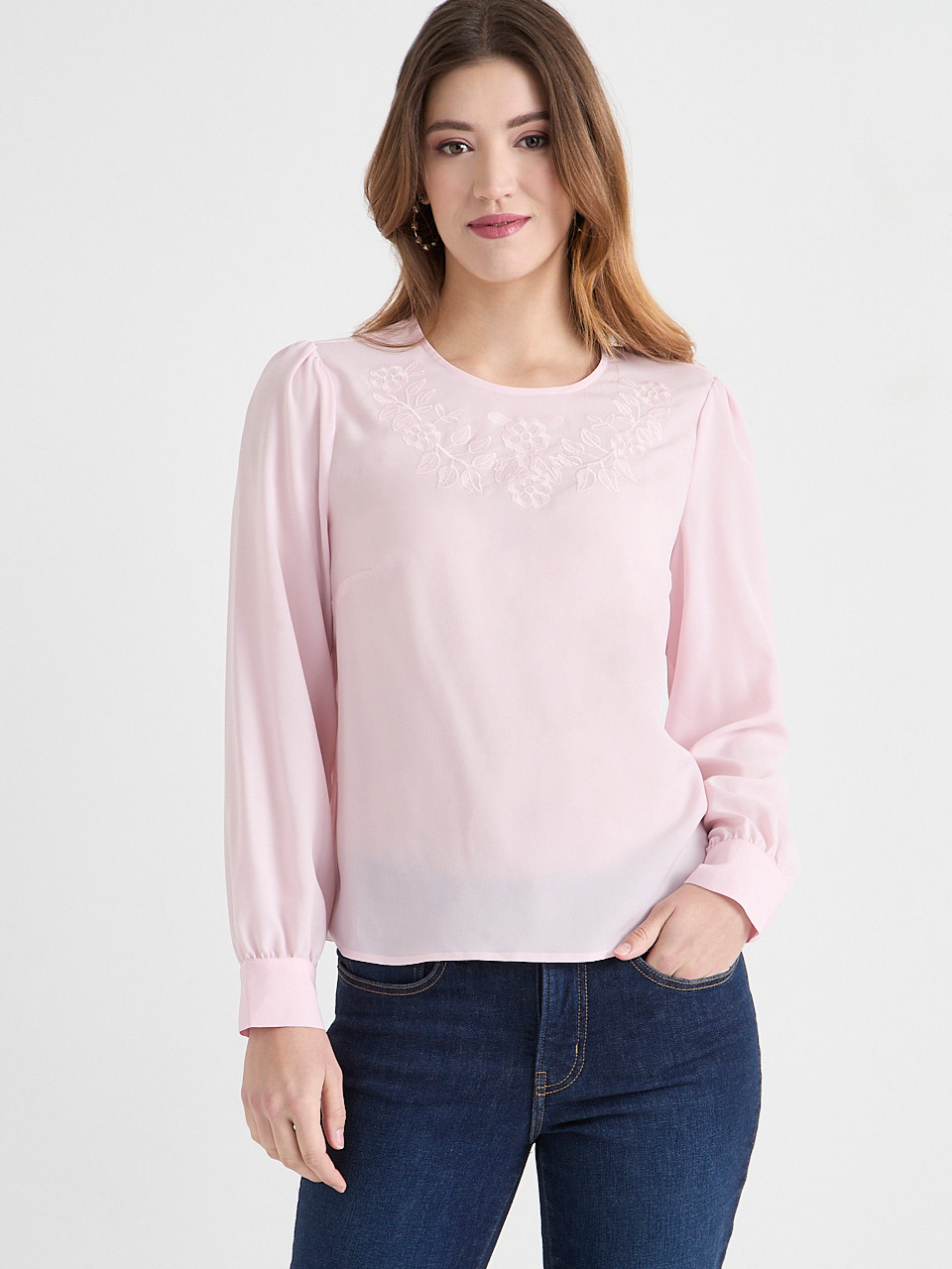 Light Pink Long Sleeve Embroidered Blouse
