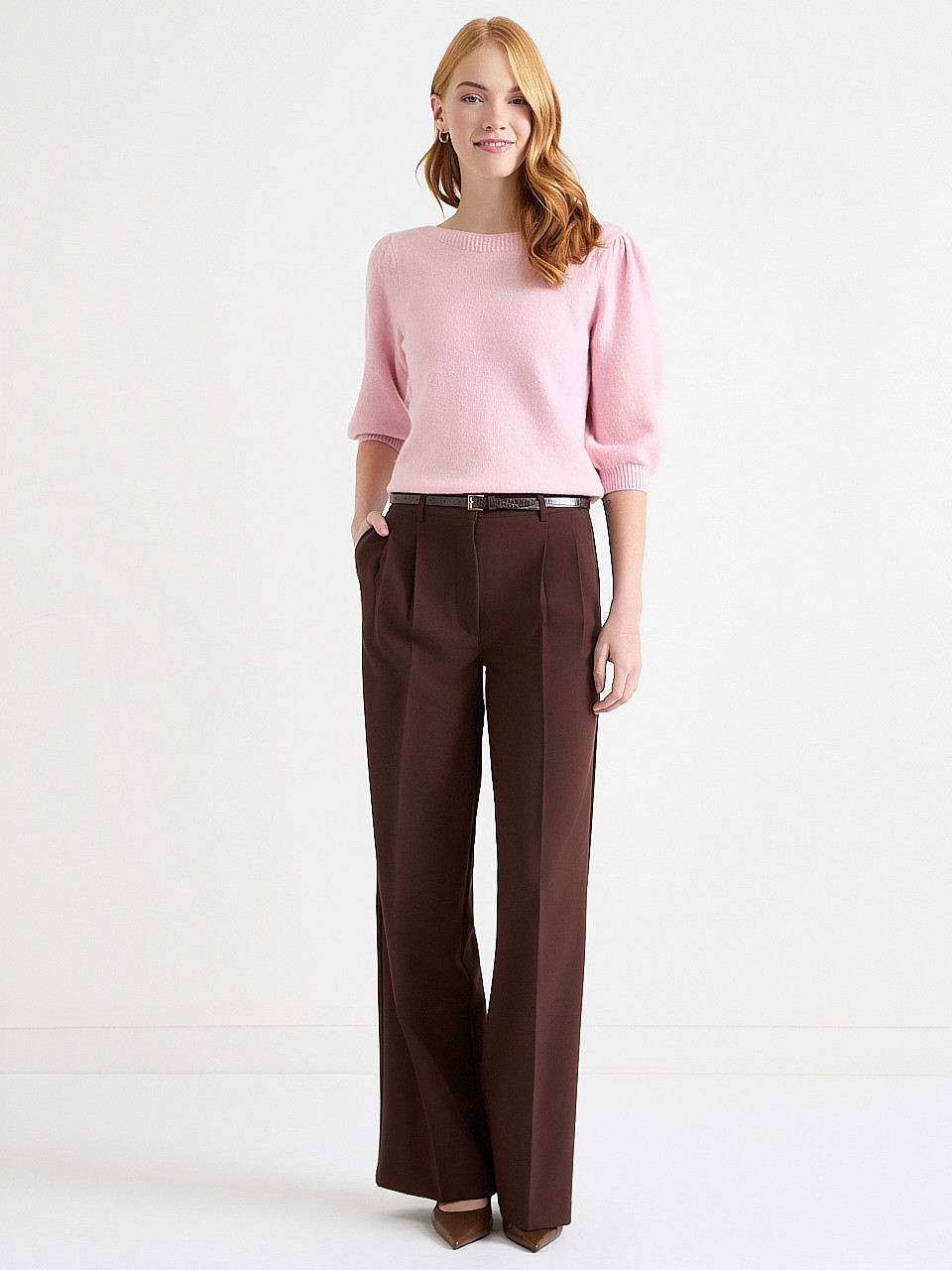Puffed Elbow-Length Sleeve Pullover Coffee