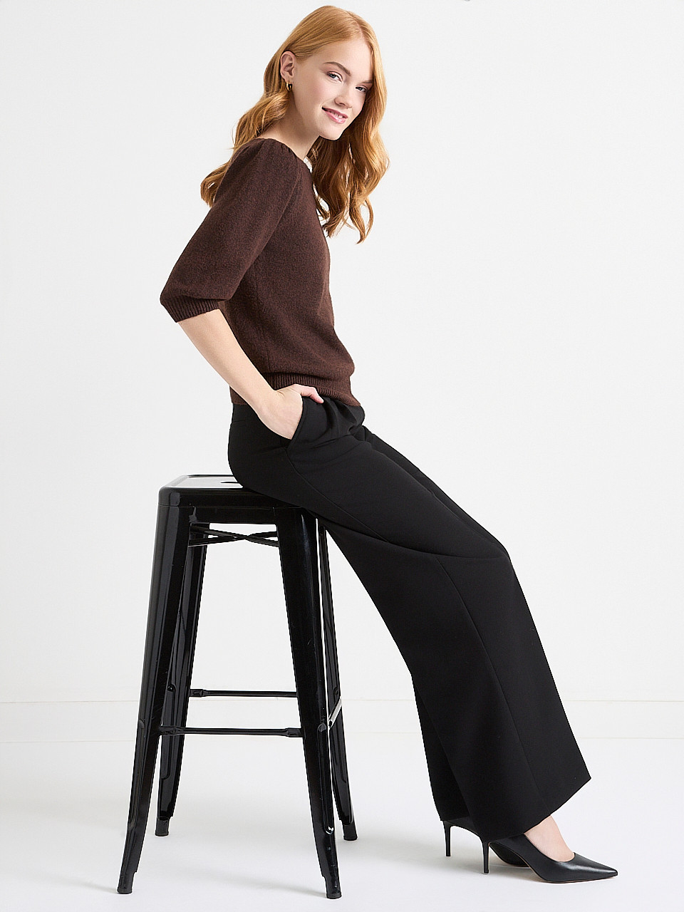Puffed Elbow-Length Sleeve Pullover Coffee