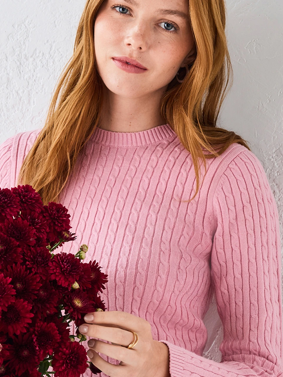 Cable Knit  Crewneck Sweater Blush