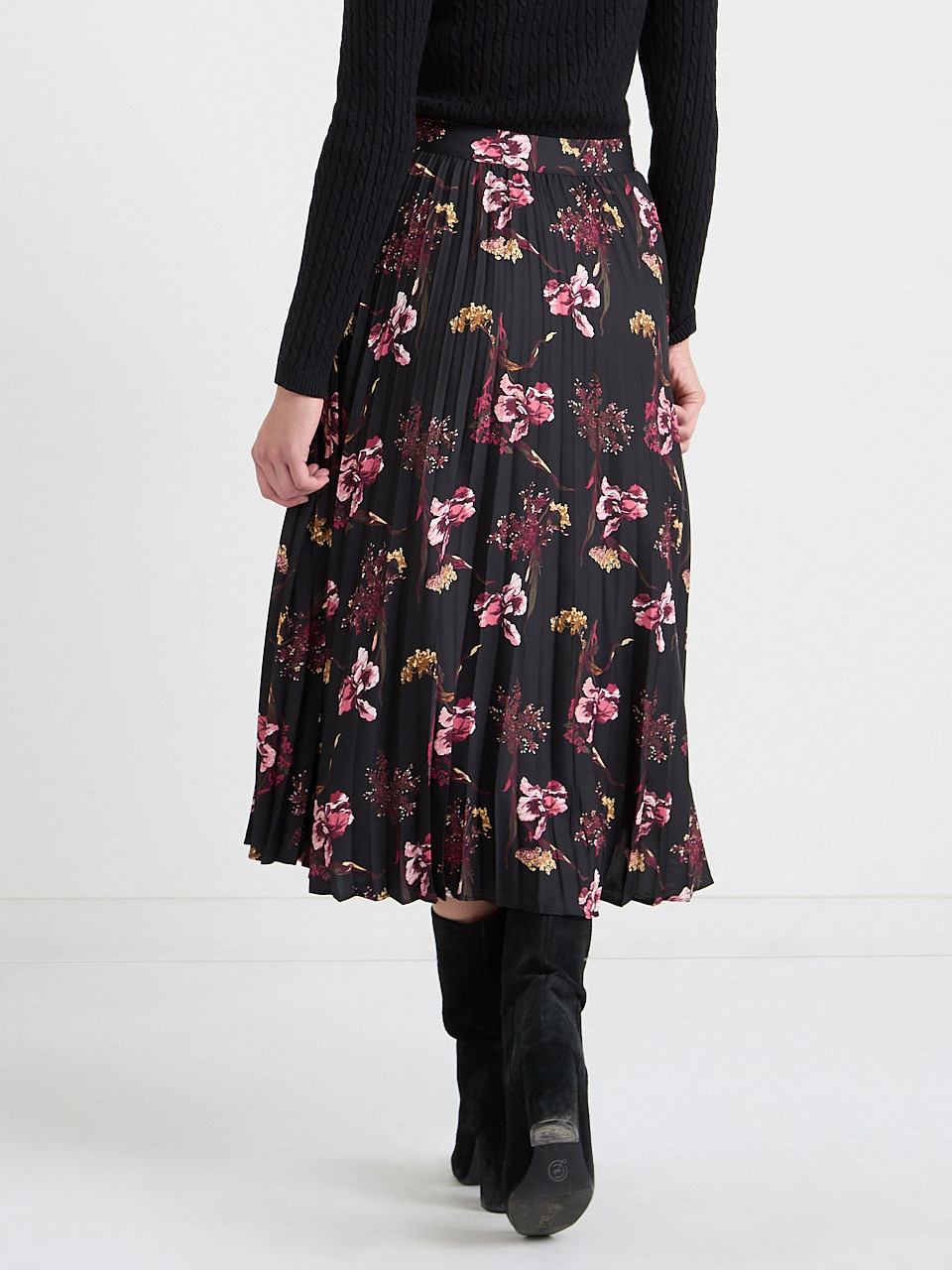 Pleated Satin Midi Skirt Black Dot