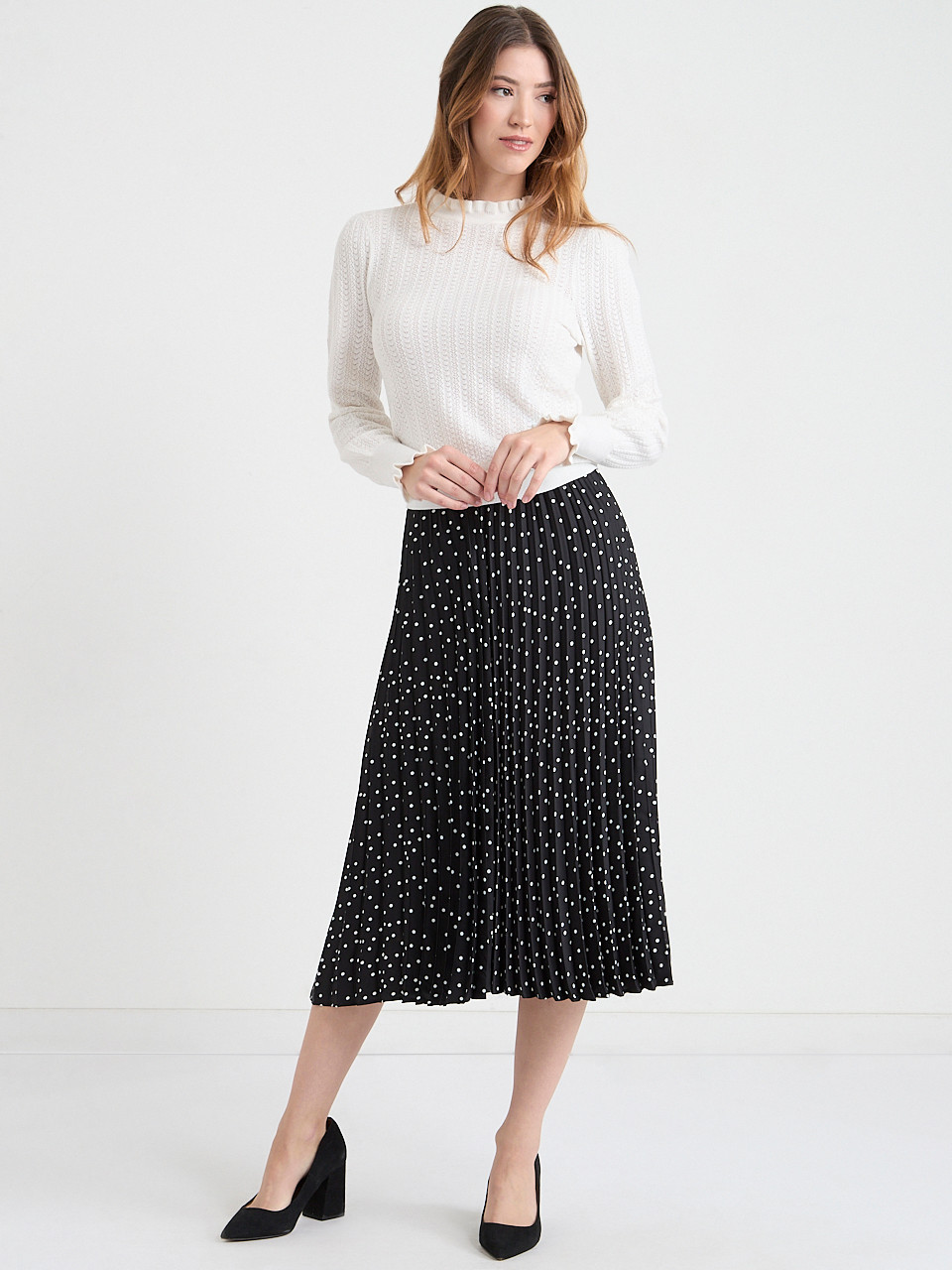 Pleated Satin Midi Skirt Black Dot