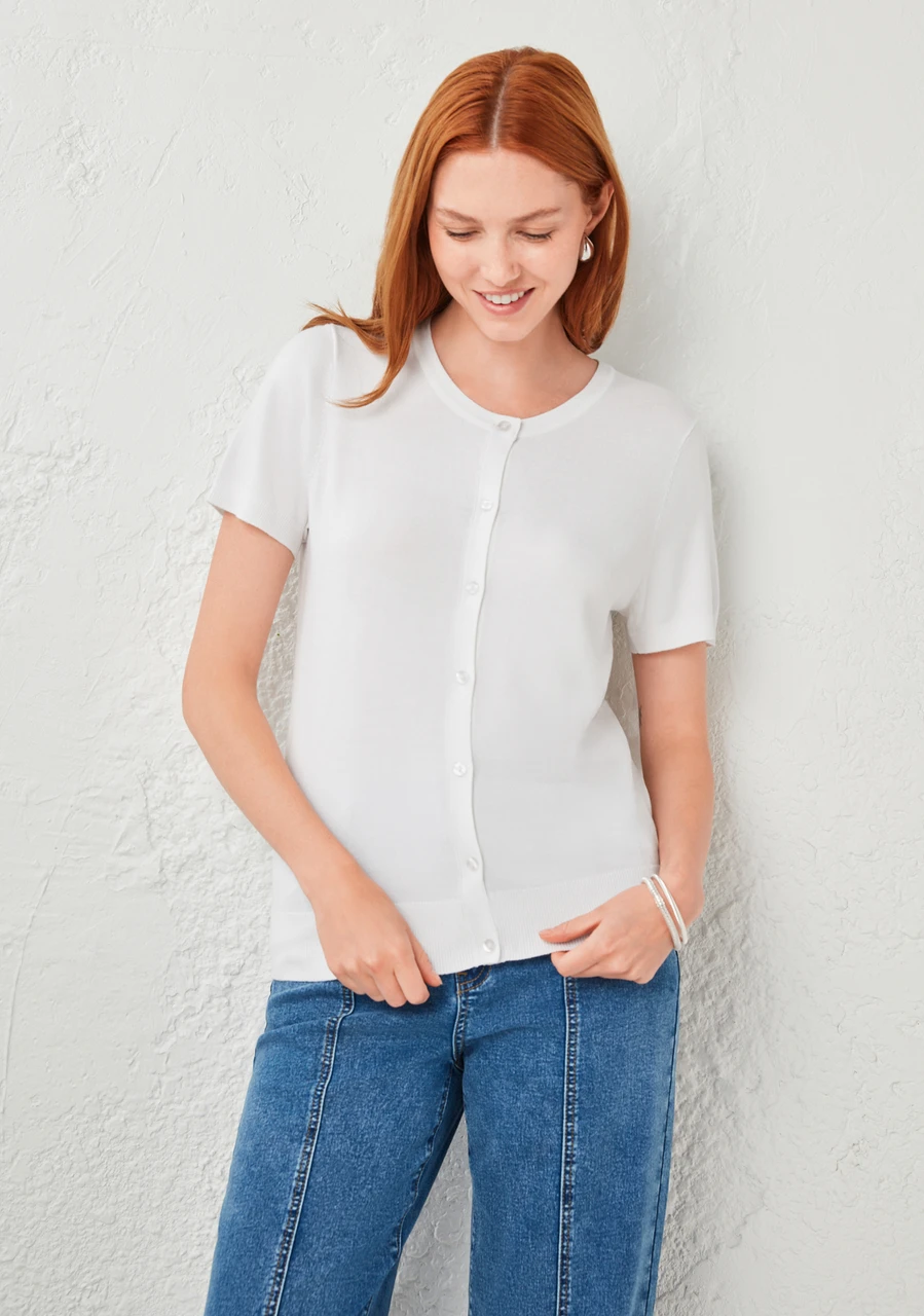 Short Sleeve Button Front Cardigan White