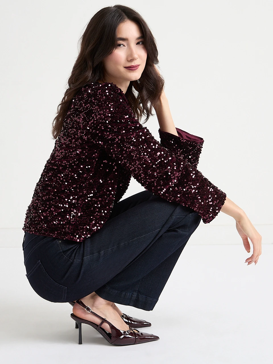 Long Sleeve Velvet Backed Sequin Top in Burgundy