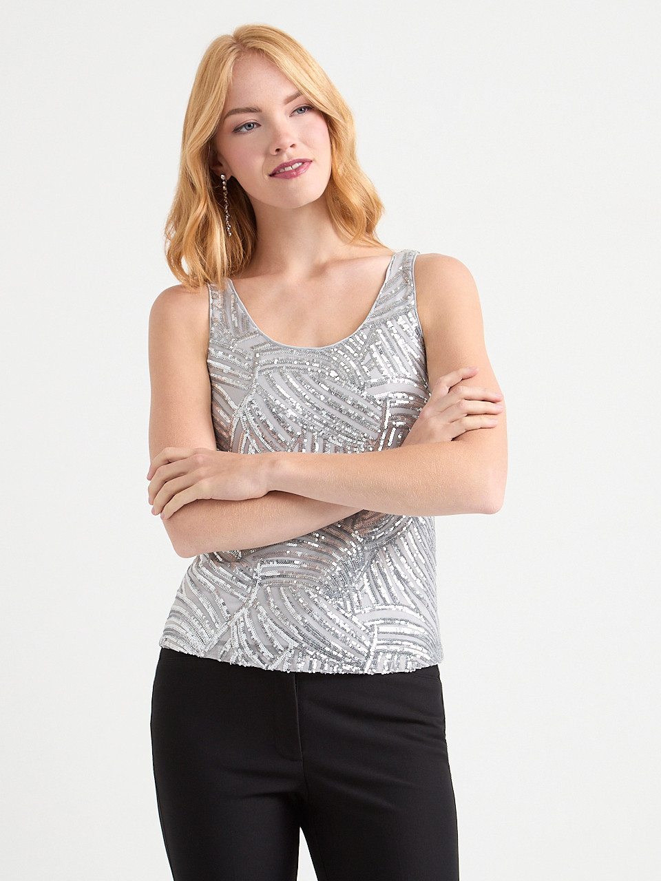 Sleeveless Sequin Scoop Neck Tank Silver Pattern