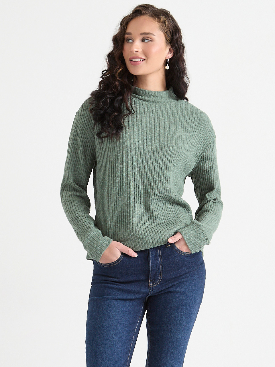 Long Sleeve Ribbed Funnel Neck Top Laurel