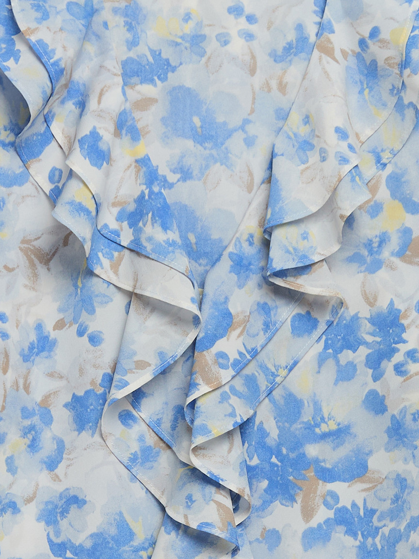 Long Sleeve V-Neck Ruffle Blouse Blue Watercolour Flower
