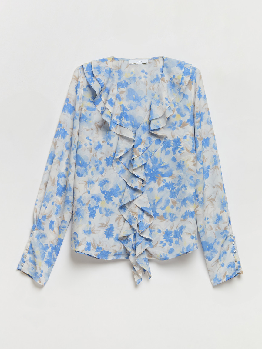 Long Sleeve V-Neck Ruffle Blouse Blue Watercolour Flower