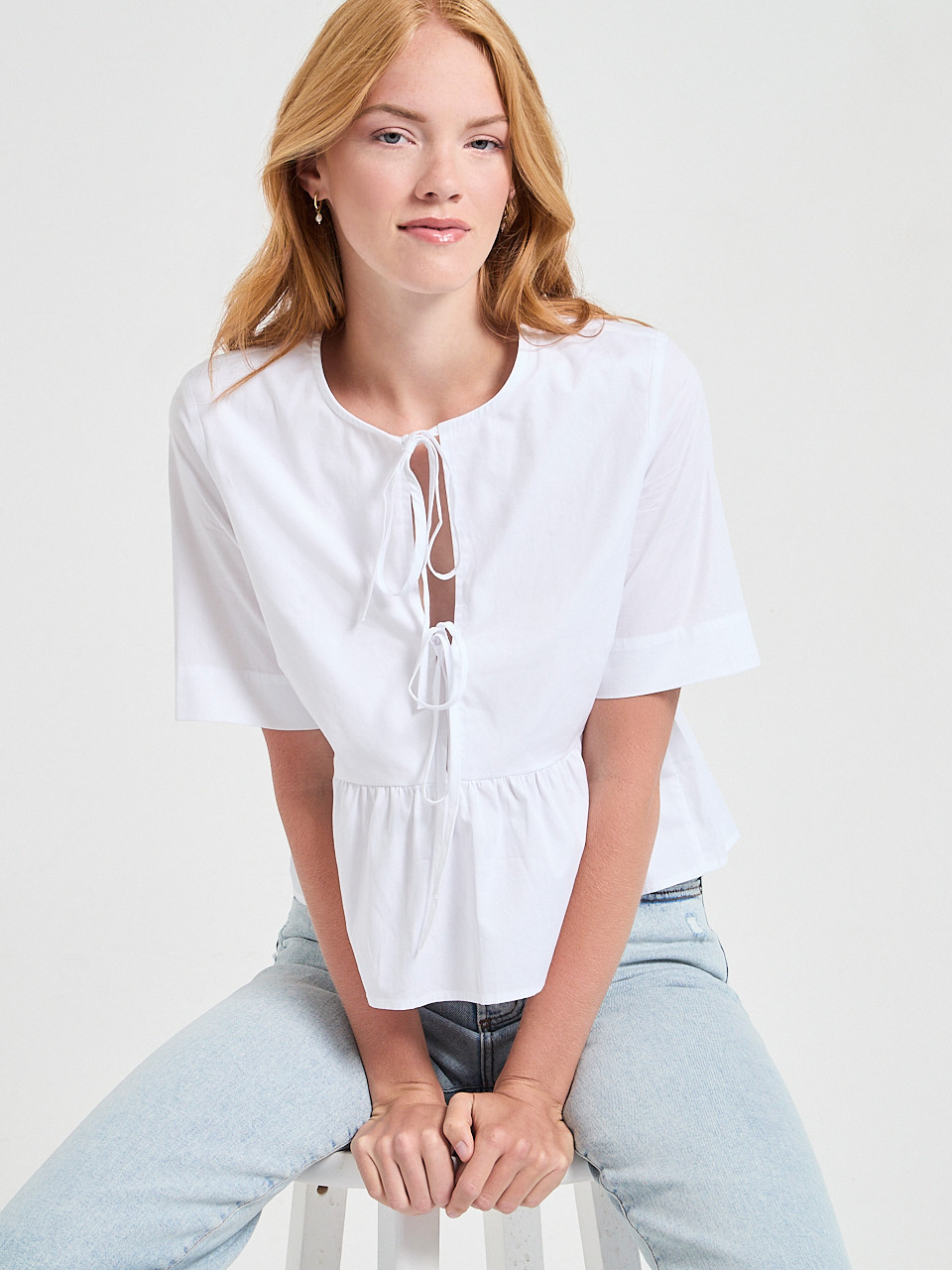 Tie Front Peplum Blouse White