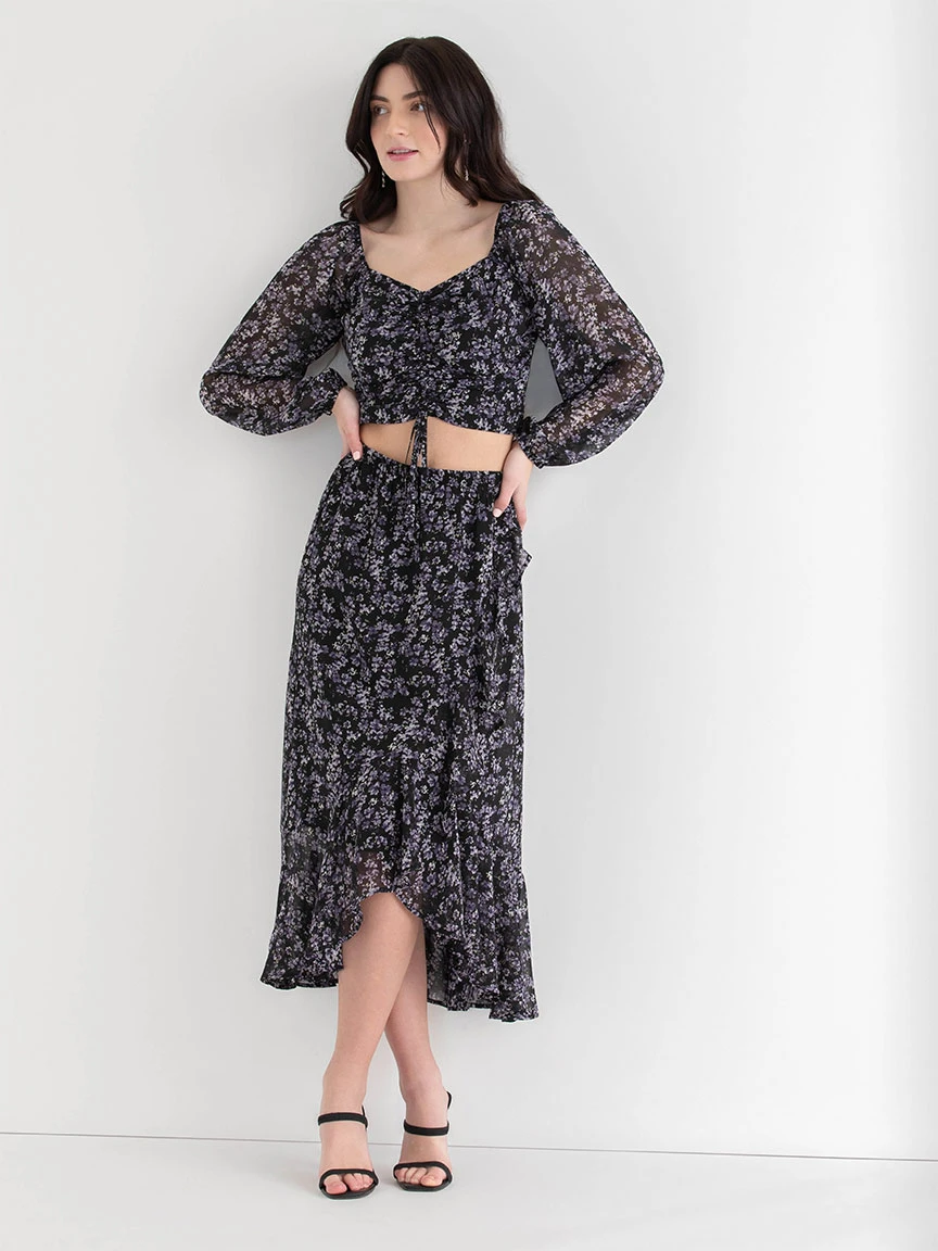 Chiffon Ruffle Midi Skirt in Black Floral Print