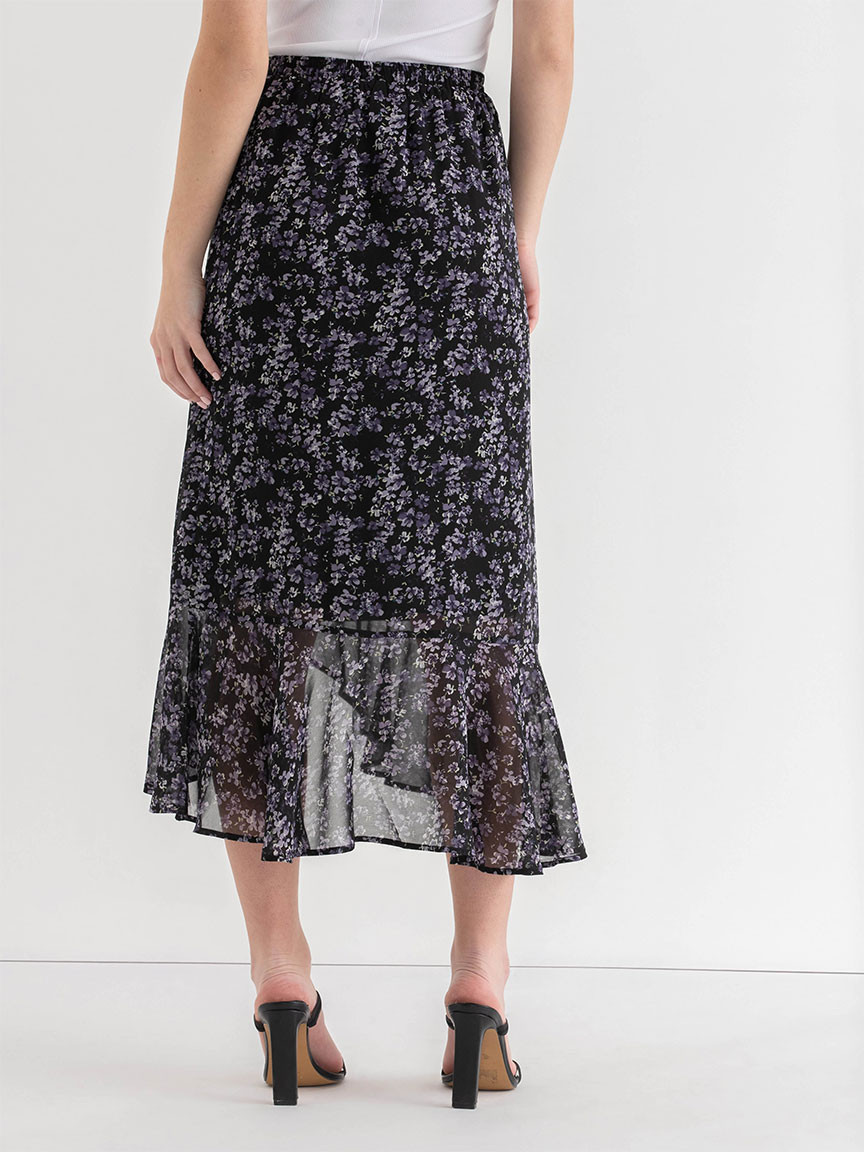 Chiffon Ruffle Midi Skirt Black Floral Print
