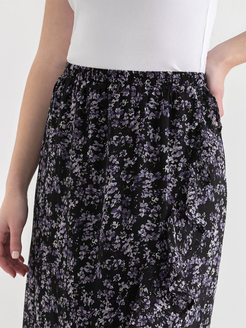Chiffon Ruffle Midi Skirt Black Floral Print