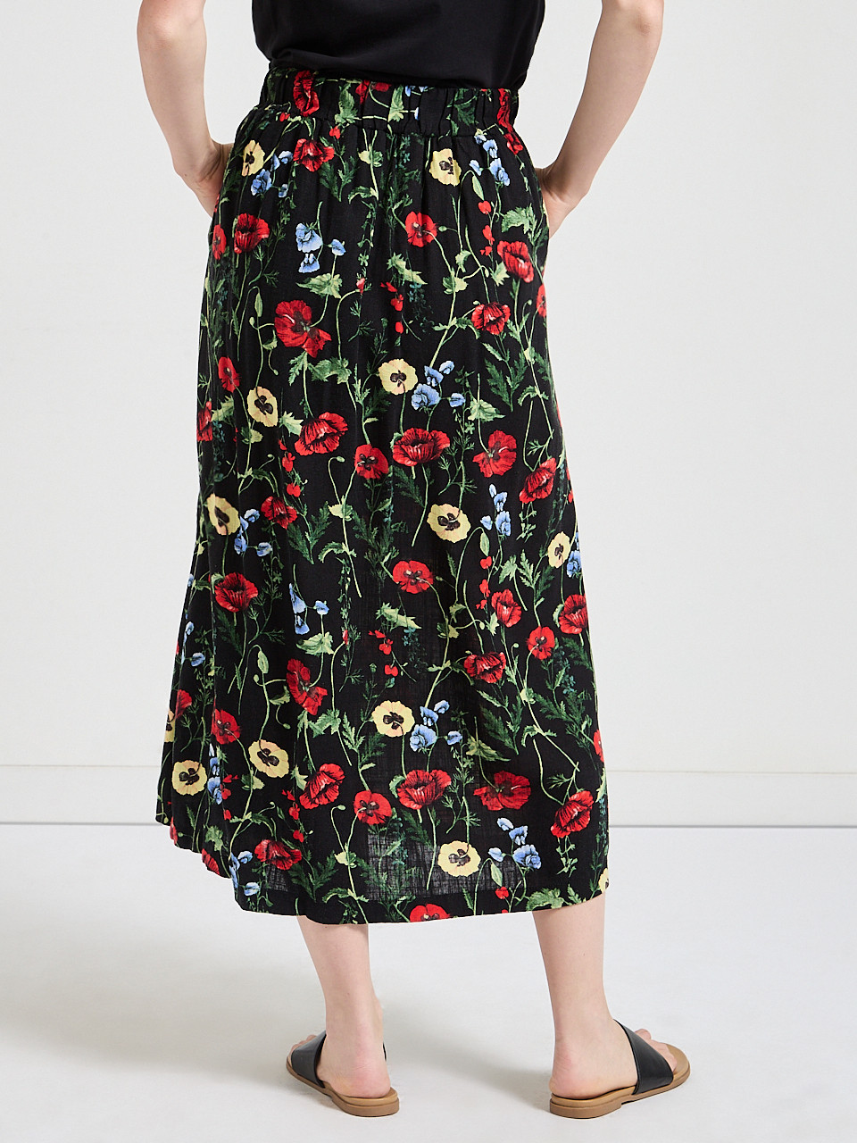 Linen Blend Midi Skirt Black Poppy Print