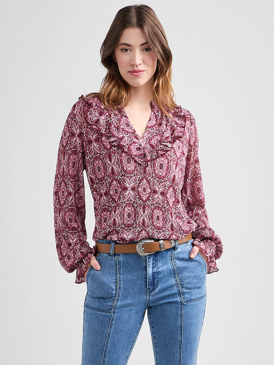 Long Sleeve Knit Ruffle Top in Mosaic