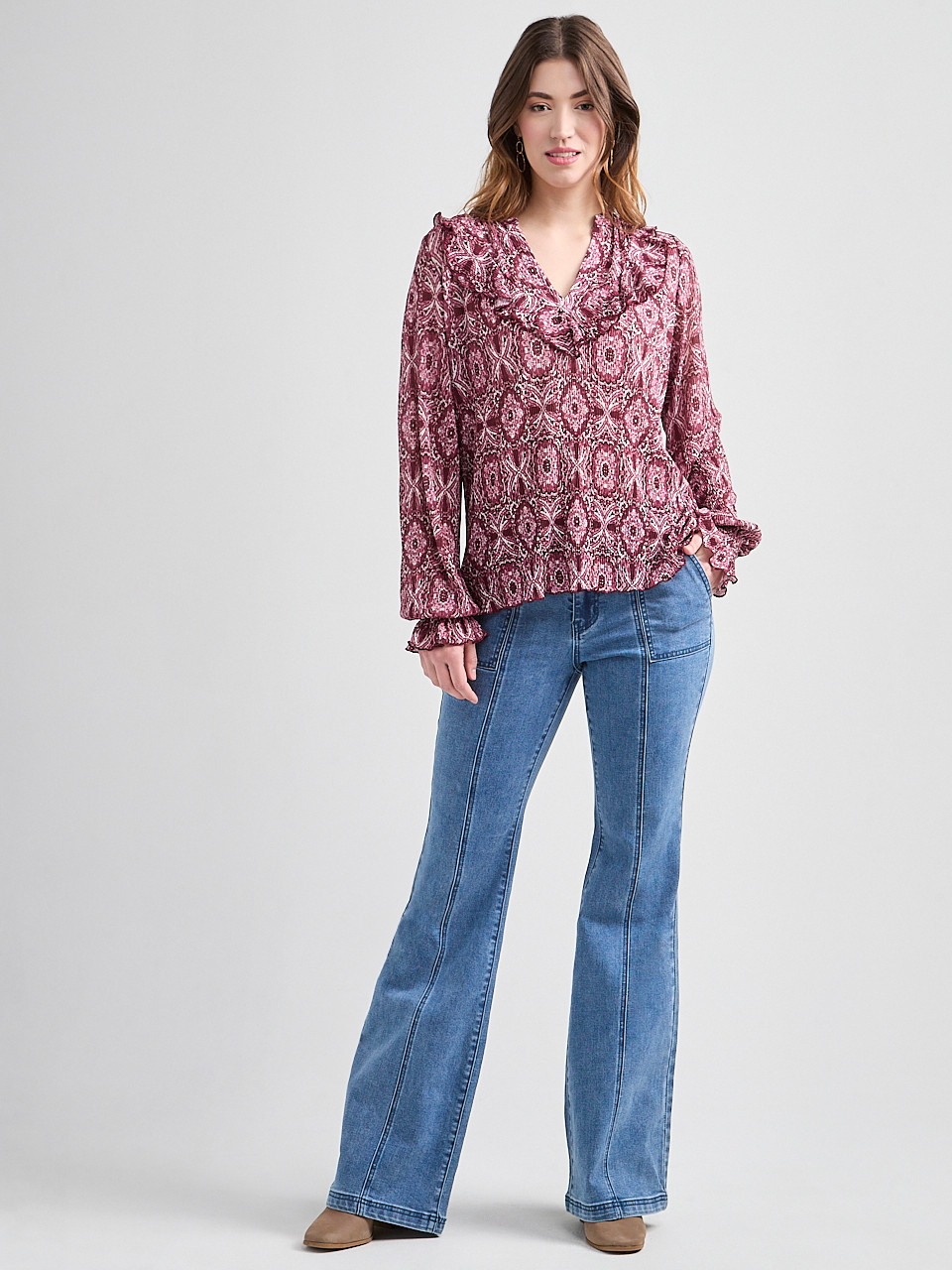 Long Sleeve Knit Ruffle Top Mosaic