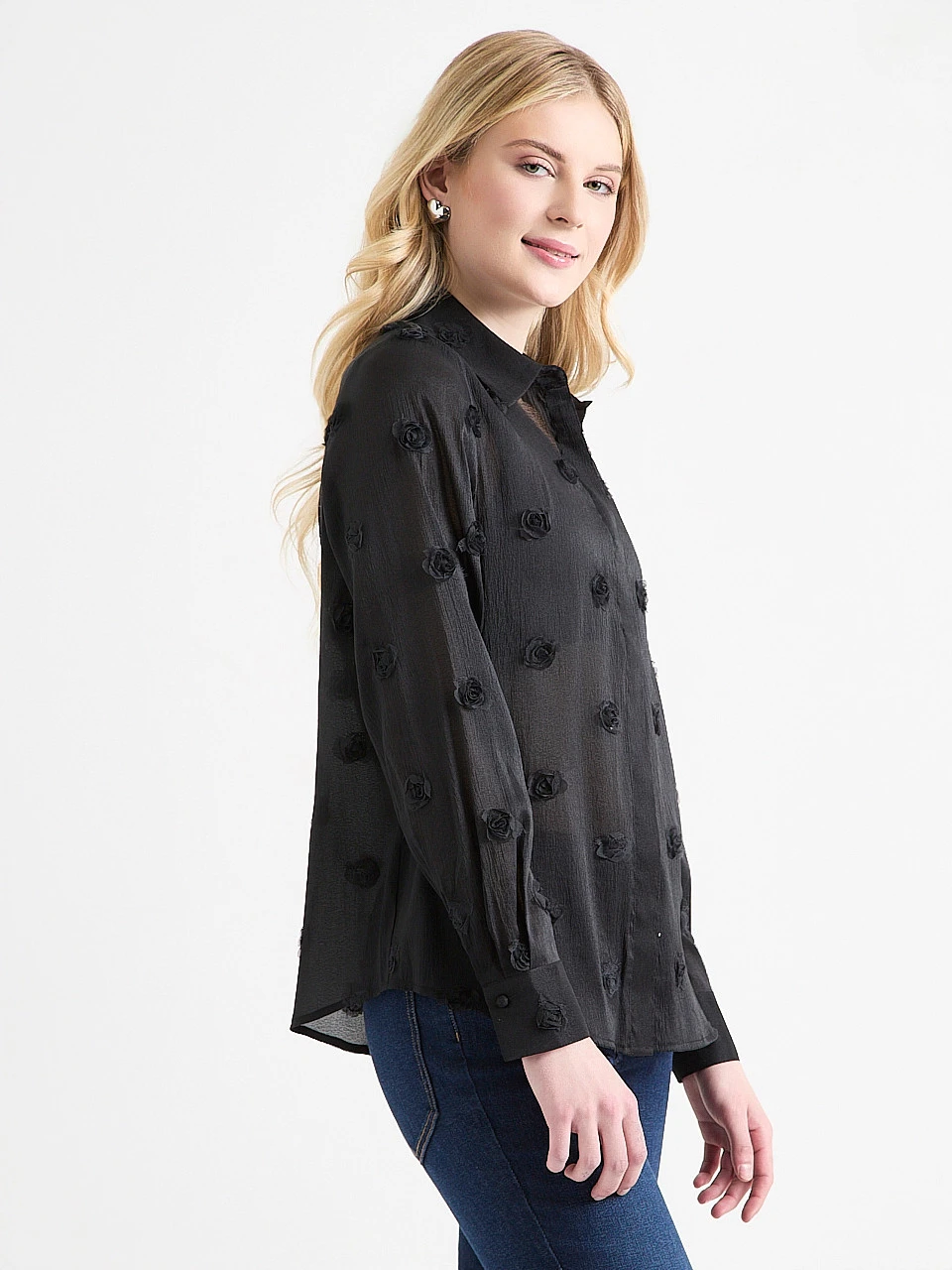 Long Sleeve Floral Applique Blouse