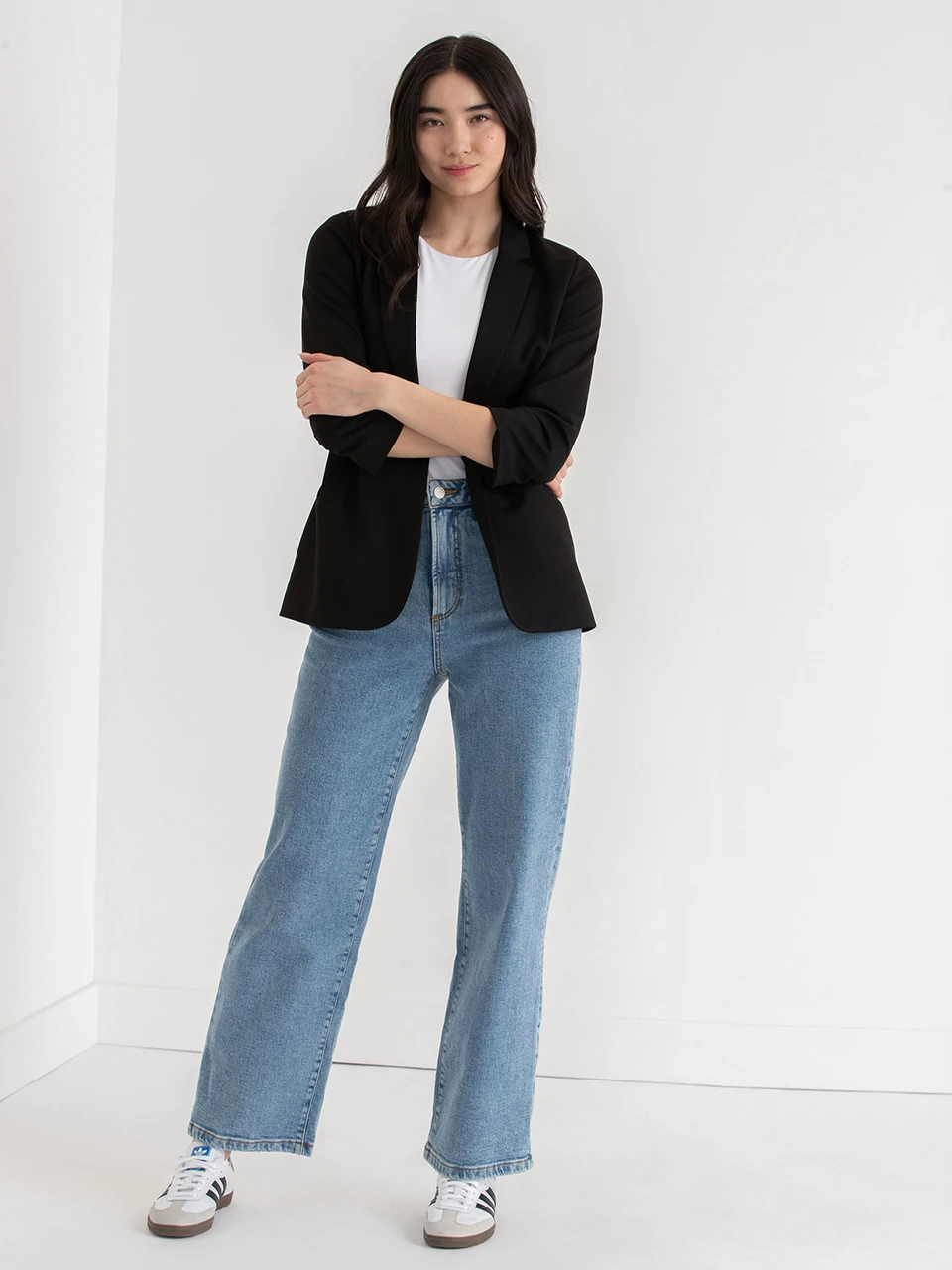 Hampton Three Quarter Ruched Sleeve Ponte Blazer