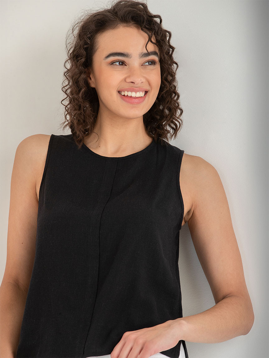 Sleeveless Linen Shell Black Blouse