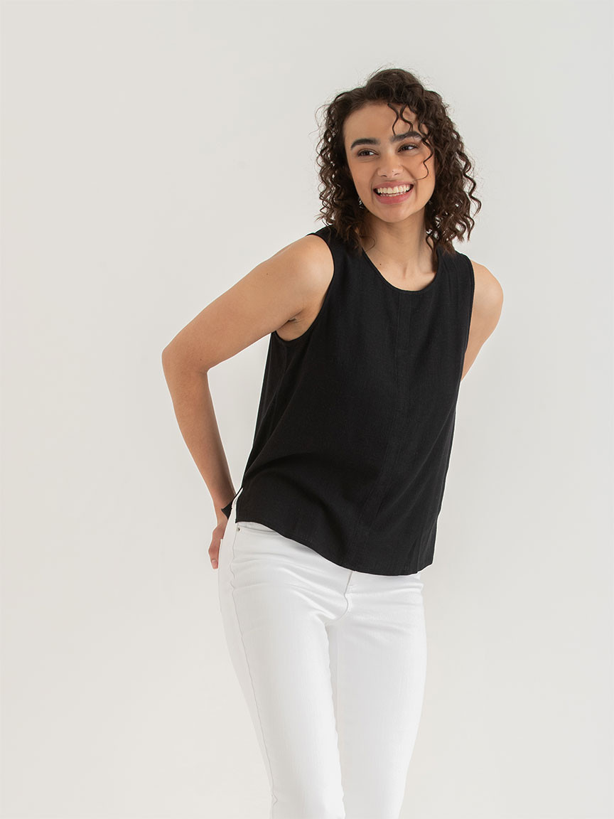 Sleeveless Linen Shell Black Blouse